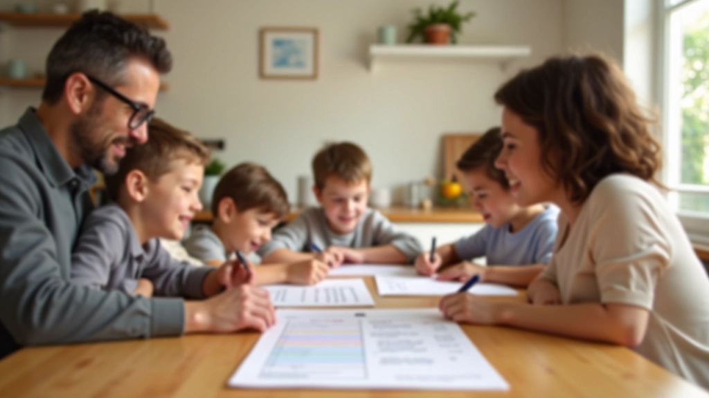 Enfants écoutant attentivement un parent qui explique un concept financier autour d'une table de cuisine
