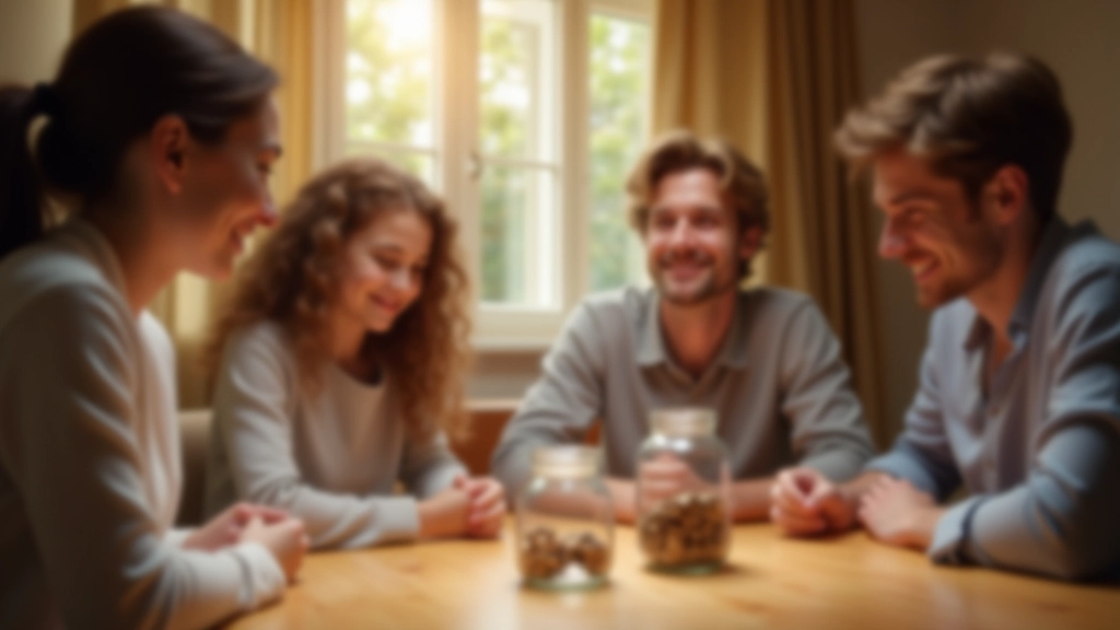 Famille assise autour d'une table avec des pièces de monnaie et un pot en verre transparent marqué 'Épargne Familiale'