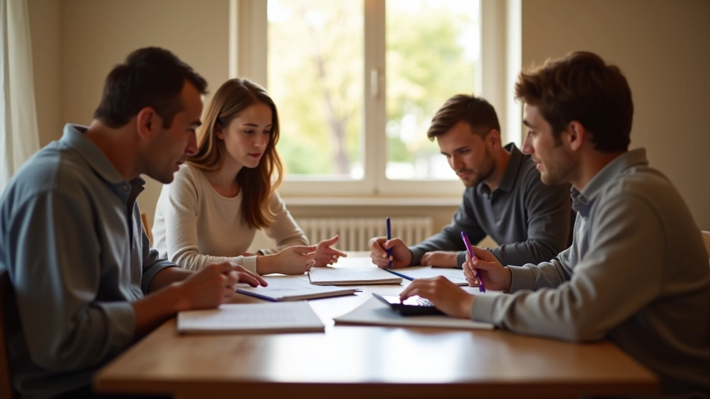 Famille assise autour d'une table avec documents financiers et calculatrice, discutant budget