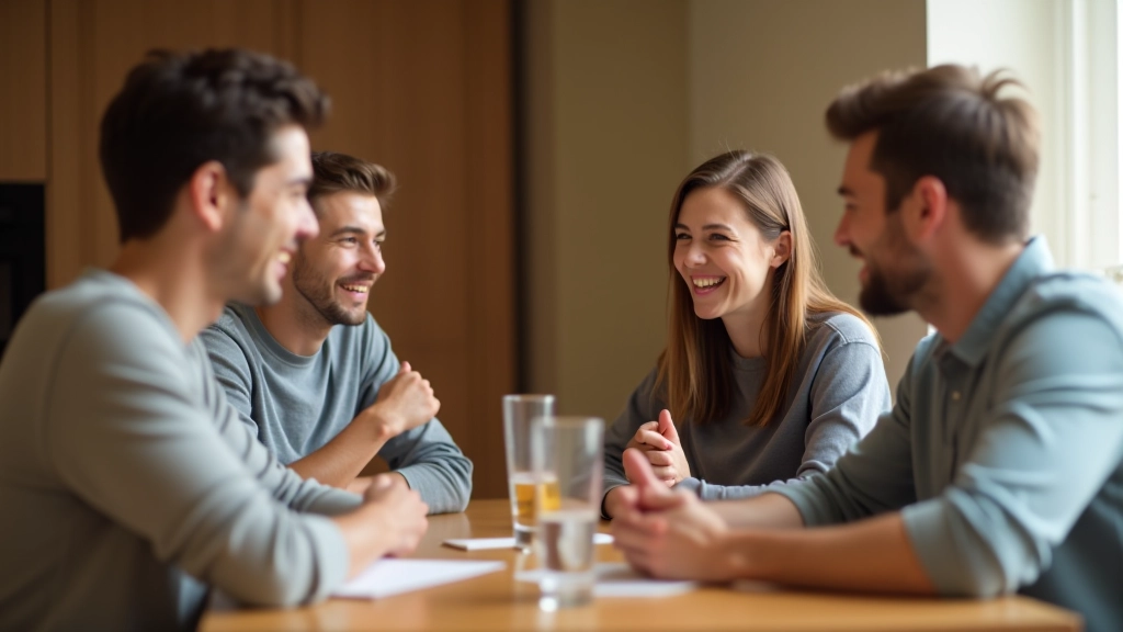 Famille avec enfants adolescents, tous souriant autour d'une table avec documents, apparence heureuse et détendue