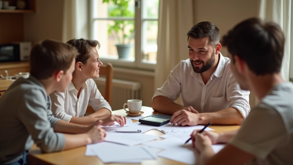 Une famille discute ensemble autour d'une table avec des documents financiers