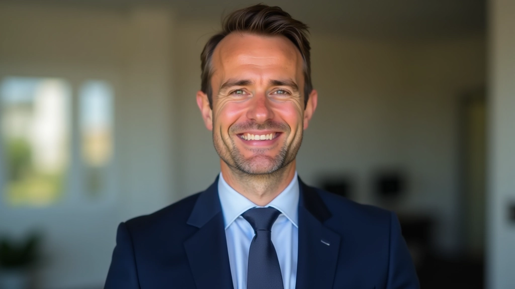 Conseiller financier expérimenté, portrait professionnel, costume bleu, sourire chaleureux, bureau moderne, éclairage naturel