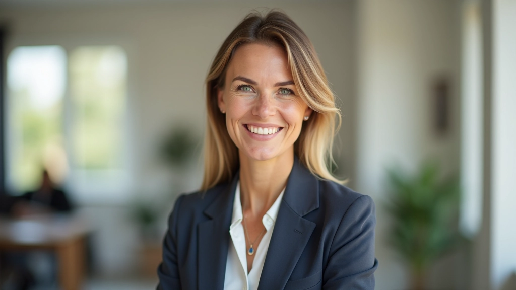 Éducatrice financière, portrait professionnel, style moderne, bureau lumineux