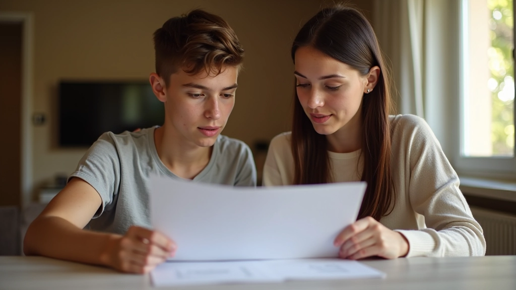 Parent et enfant regardant ensemble un document budgétaire avec des explications bienveillantes