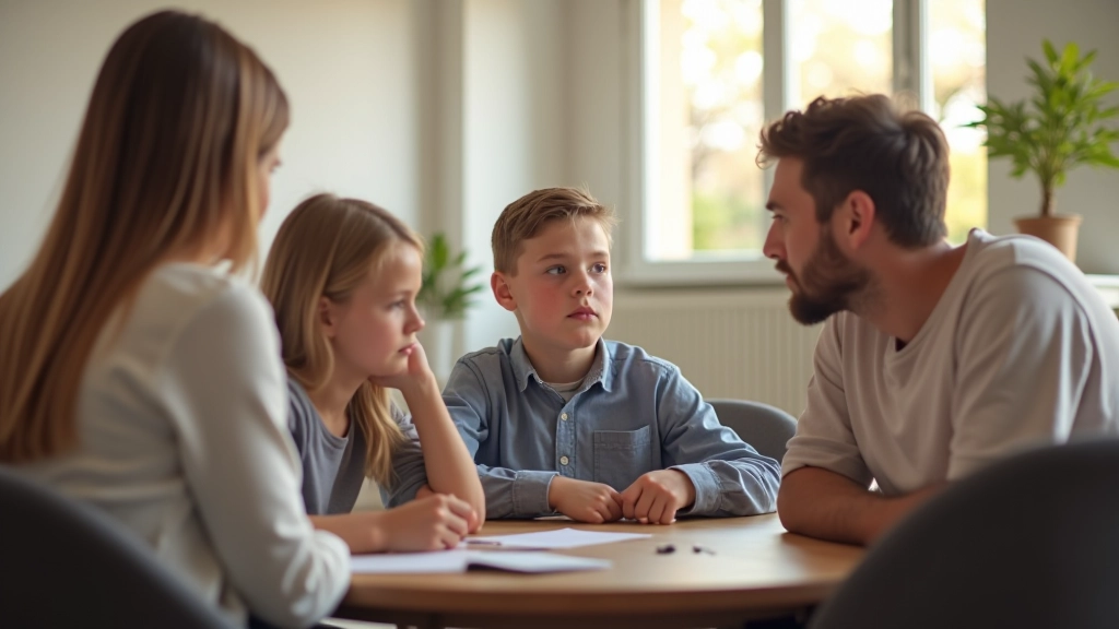 Une famille en discussion constructive autour de leurs finances dans le salon