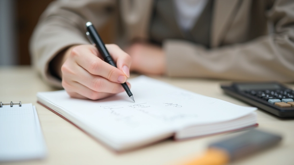 Gros plan d'une main écrivant une liste de dépenses et d'épargne sur un carnet
