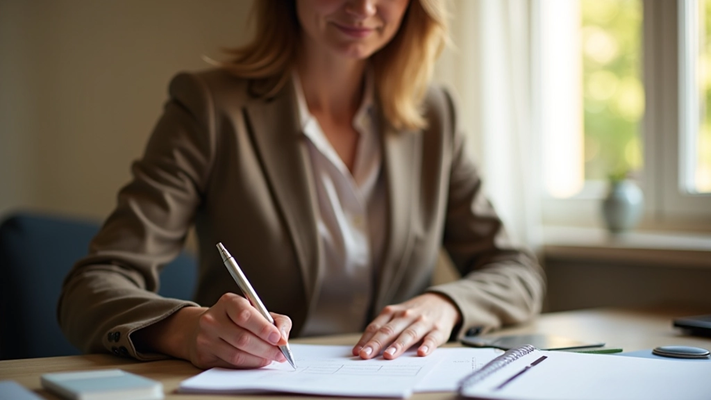 Femme assise à un bureau remplissant un formulaire de compte-rendu avec stylo, documents organisés autour d'elle