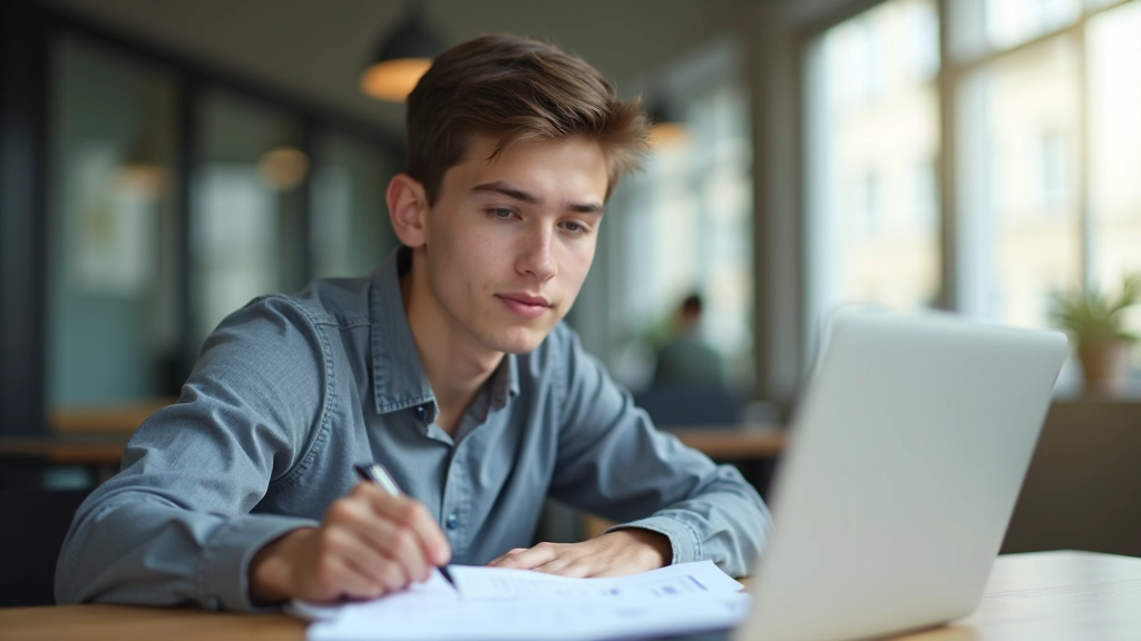 Jeune adulte étudiant un document financier ou un plan budgétaire, représentant l'autonomie et la maturité financière